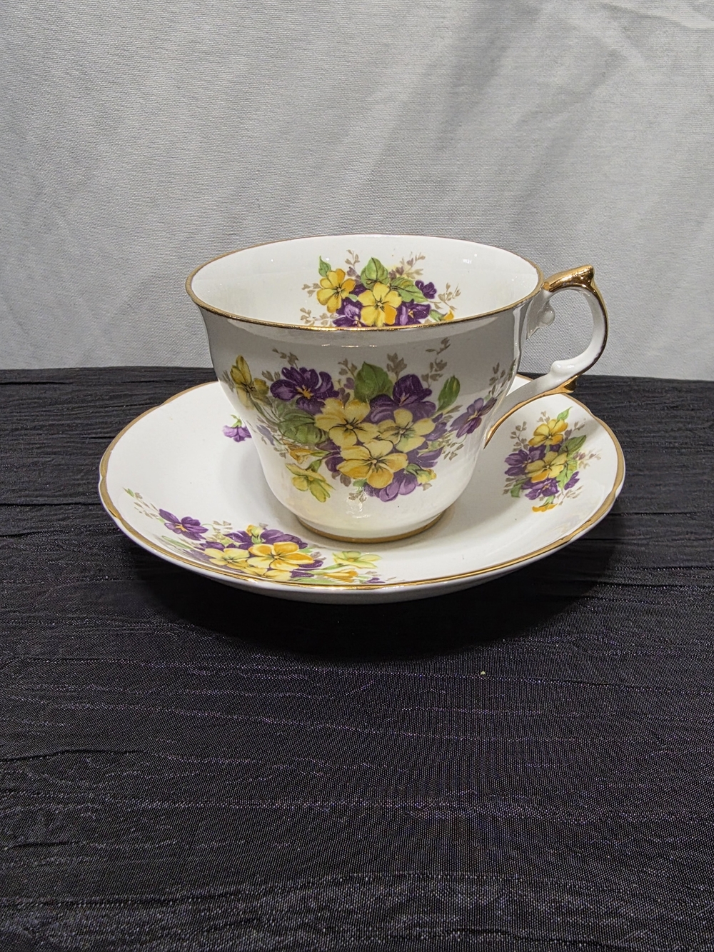 Vintage Regency Bone China Teacup & Saucer Set – Purple & Yellow Violets